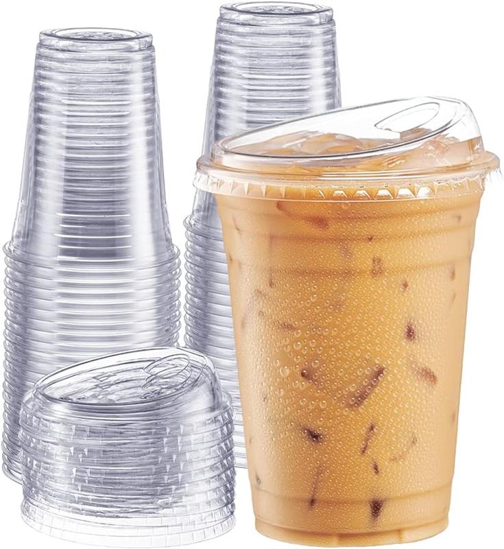 [100 Sets 16 oz. Crystal Clear Plastic Cups With Strawless Sip-Lids