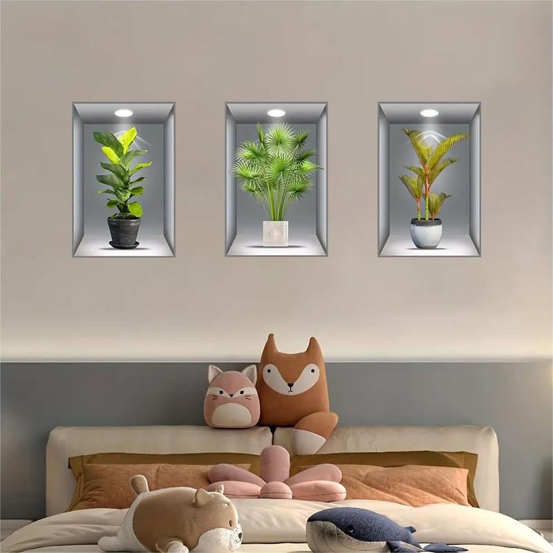 3D Wall Sticker, 3pcs Realistic Plants Pattern Self-Adhesive Wall Sticker, Removable Wall Decor Decal, Home Decoration Wall Sticker, Wall Decor for Living Room & Bedroom & Bathroom