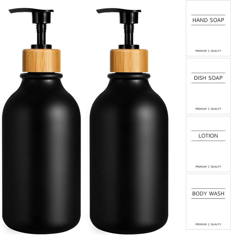 Black Soap Dispenser, Hand Soap Dispenser Bathroom with Bamboo Pump,16 Oz Plastic Hand and Dish Dispenser Set for Kitchen, 2 Pack Refillable Liquid Soap and Lotion Dispensers Bottle