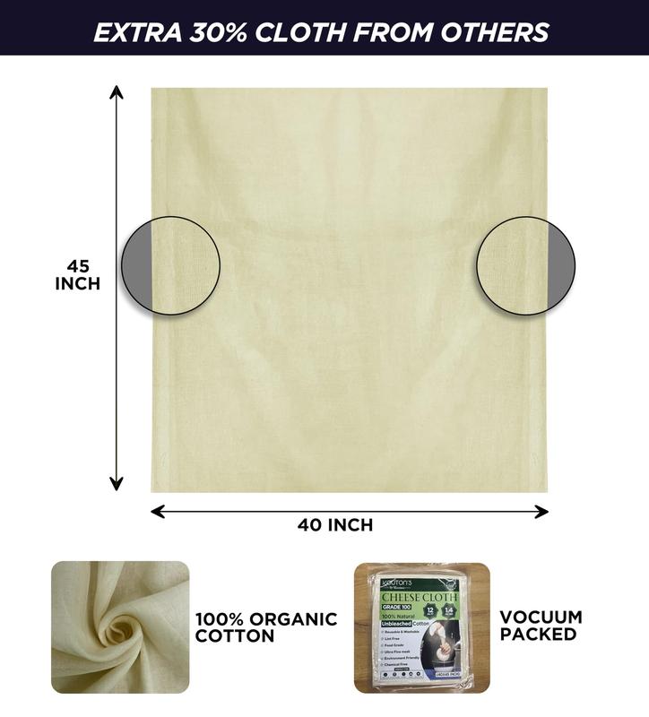 Raajsee Cheese Cloths Grade 100, 12 Sq Feet - 1.4 Sq Yards Unbleached 100% Organic Cotton Fabric - Reusable Ultra Fine Mesh Muslin Cloth - Cheesecloth For Straining Cooking,Baking,Cheese Making