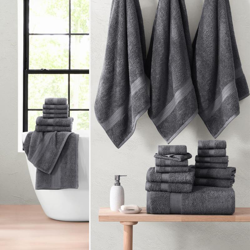 24 Piece Bath Towels Set - 100% Cotton Bathroom Towels, Absorbent Towels for Bathroom, 4 Large Bath Towels, 2 Bath Sheets, 6 Hand Towels, 8 Wash Cloths, 4 Fingertip Towels plain unisex