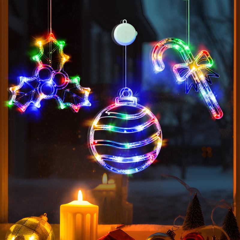 LOLStar Christmas Window Lights, 3 Pack Multicolor Christmas Ball, Holly Berry, CandyCane Lights With Suction Cup, Timer Function And Slow Fade Mode Battery OperatedLights For Christmas Decoration