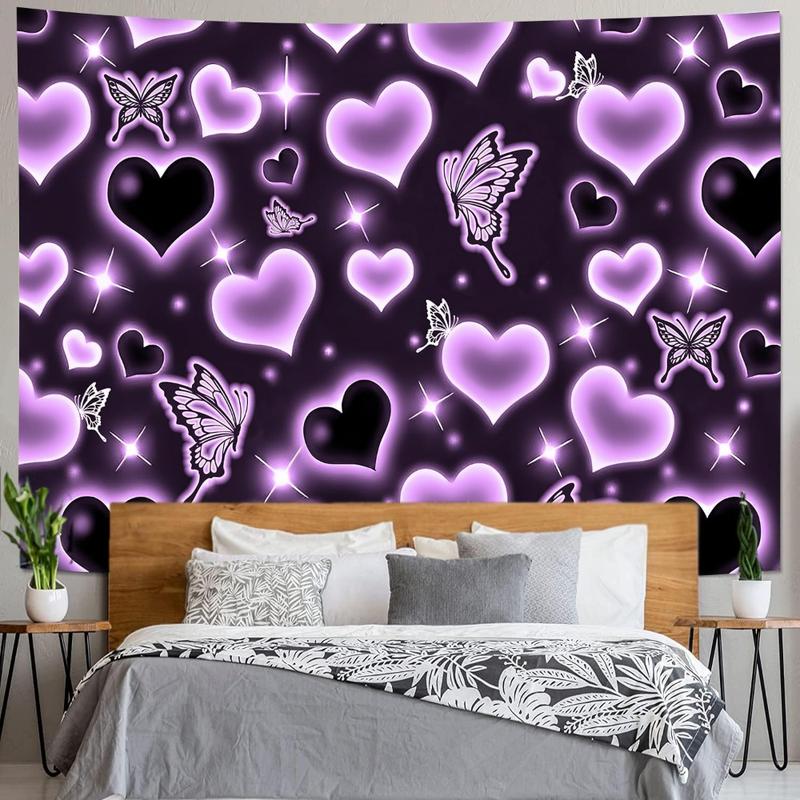 Cute Black and White Heart Tapestry Fantasy White Butterfly Aesthetic Tapestry Hippie 2000s Y2K Teen Girls Tapestries Wall Hanging for Women Bedroom Living Room Bedroom College Dorm