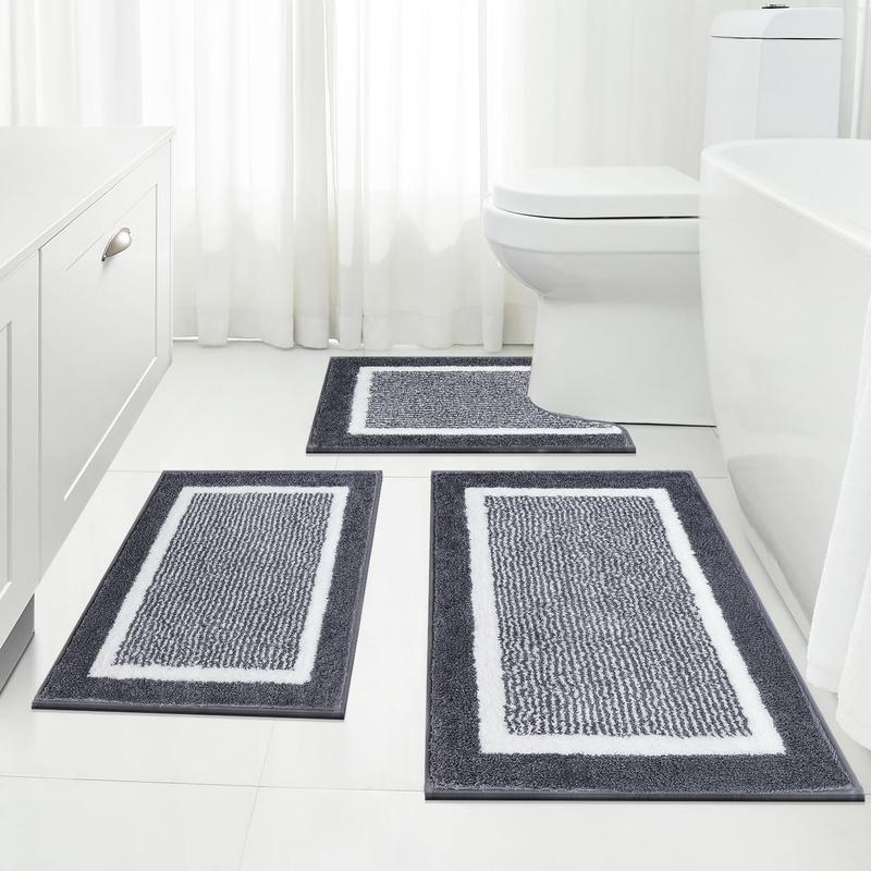 LOKHOM Bathroom Rug Sets - Non Slip & Absorbent Bath Mats - Soft Farmhouse Bathroom Set - Plush Shaggy Bath Mats Carpets - Includes U-Shaped Toilet Mat for Bathroom - Shower Absorbent Microfiber - 3 Pieces