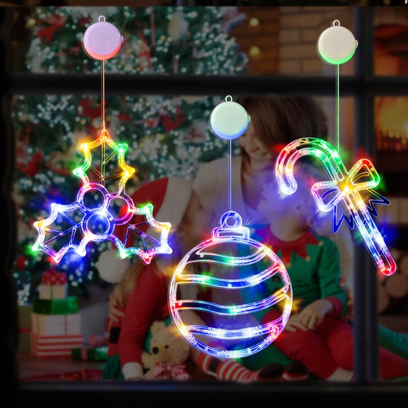 LOLStar Christmas Window Lights, 3 Pack Multicolor Christmas Ball, Holly Berry, CandyCane Lights With Suction Cup, Timer Function And Slow Fade Mode Battery OperatedLights For Christmas Decoration