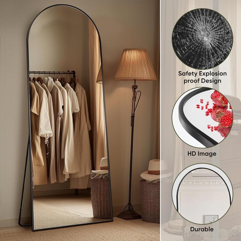 Full Length Mirror,Arched Full Body Mirror,Floor Mirror with Stand,Body Mirror Standing Hanging Leaning Against Wall,Aluminum Frame Large Mirror for Bedroom Cloakroom,Living Room,Black