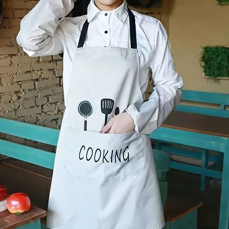 Cooking Letter & Tableware Pattern Apron, 1 Count Waterproof & Oil Proof Apron with Pocket, Kitchen Utensils for Cooking Lovers