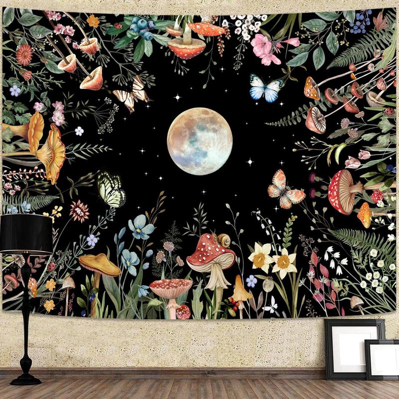 Moon Garden Tapestry Moonlit Green Plant Botanical Mushroom Flowers Tapestry Wall Hanging Black Nature Floral Butterfly Aesthetic Tapestries for Bedroom Dorm Living Room (48'' × 36'')