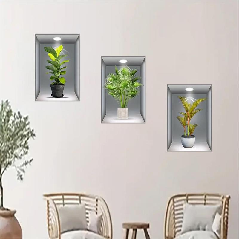 3D Wall Sticker, 3pcs Realistic Plants Pattern Self-Adhesive Wall Sticker, Removable Wall Decor Decal, Home Decoration Wall Sticker, Wall Decor for Living Room & Bedroom & Bathroom