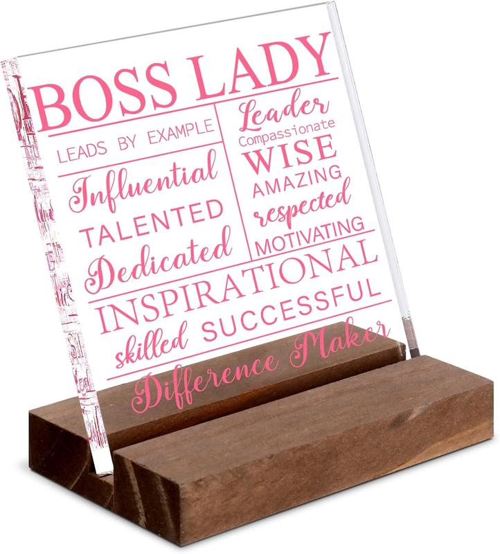 Boss Lady Gift for Women  Boss Lady Sign Office Decor with  Base Boss Lady Plaque Boss Inspirational Christmas Gift with Quotes Appreciation Keepsake for Birthday Festive(Pink)