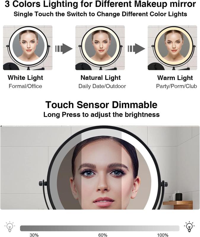 Rechargeable Lighted Wall Mounted Makeup Mirror 8 Inch Bathroom Mirror Double-Sided 1X 10X Magnification LED Vanity Mirror 3 Color Lighting Touch Screen 360 Swivel 13Inch Extendable