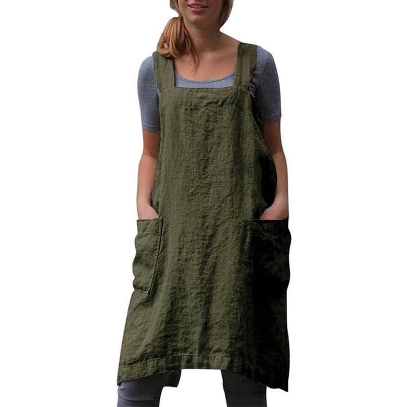 Cotton Linen Apron Cross Back Apron for Women with Pockets Pinafore Dress for Baking Cooking, Baby Blue Comfortable Gift