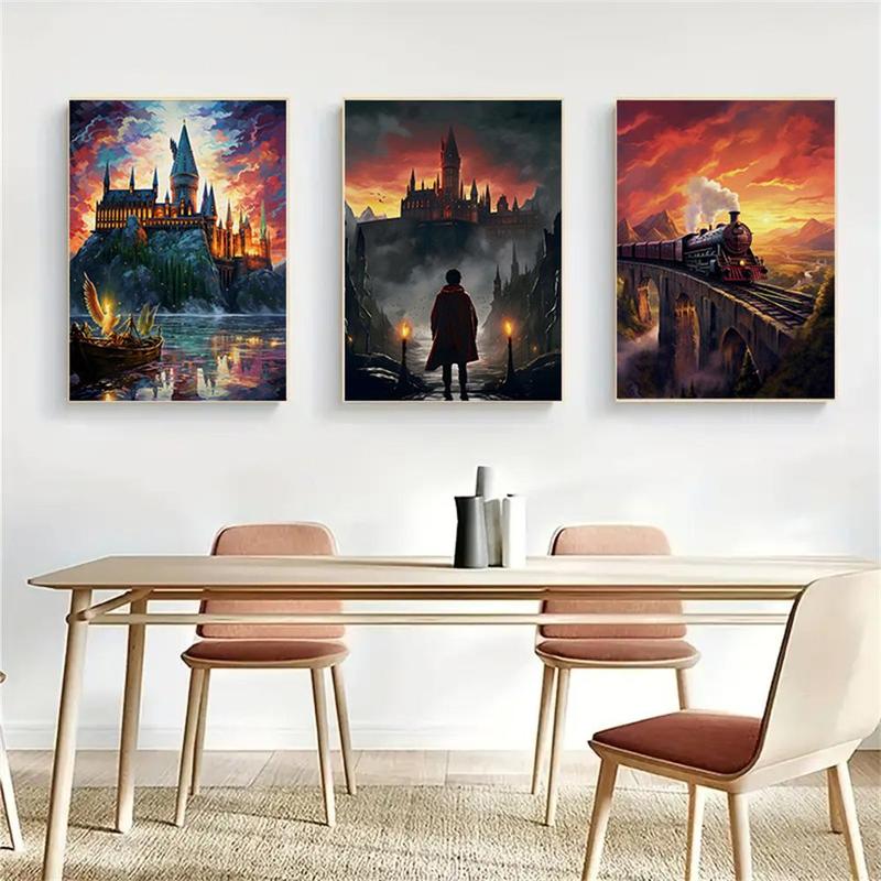 Castle & Train Pattern Wall Art, 3 Counts Mystical Landscape Pattern Canvas Painting without Frame, Wall Art for Home Living Room Bedroom Decor