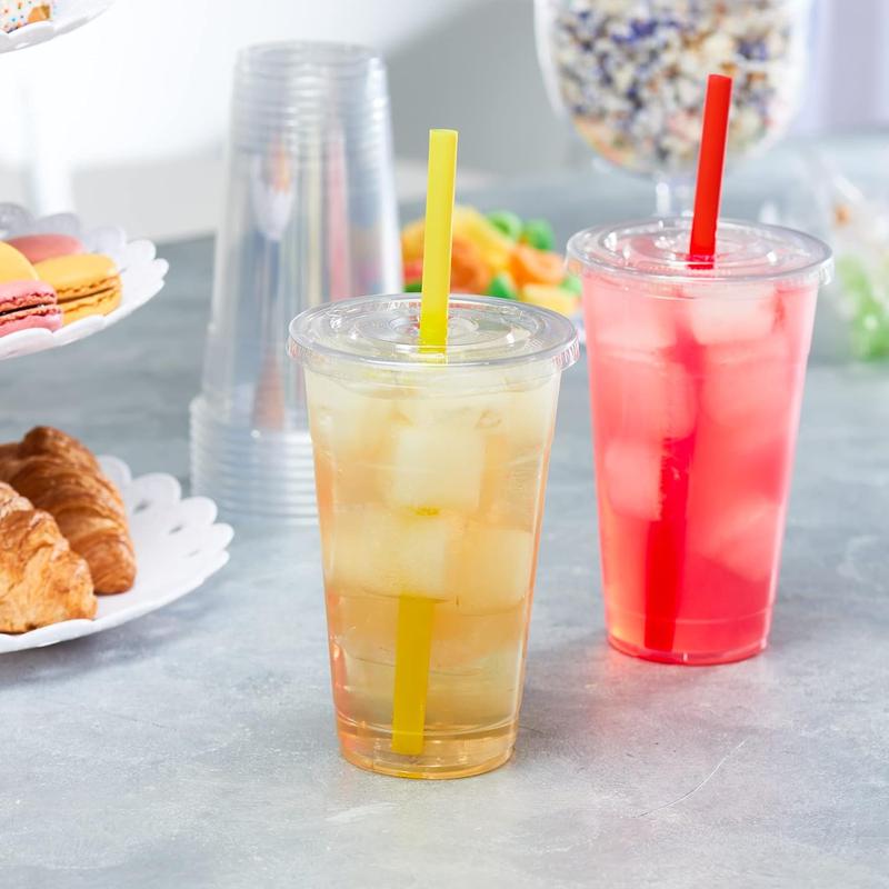 [24 oz. - 100 sets Clear Plastic Cups With Flat Lids & Straws - Disposable Clear Drinking Cups For Iced Coffee, Cold Drinks, Milkshakes, and Smoothies