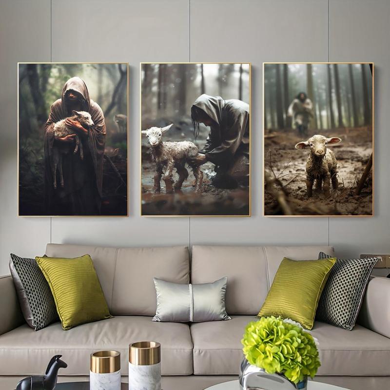 Jesus and The Lamb Pattern Canvas Painting without Frame, 3 Counts Religion Themed Wall Art Painting, Wall Decor for Home Living Room Bedroom Office