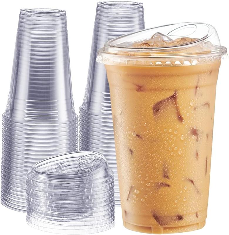 [100 Sets 16 oz. Crystal Clear Plastic Cups With Strawless Sip-Lids