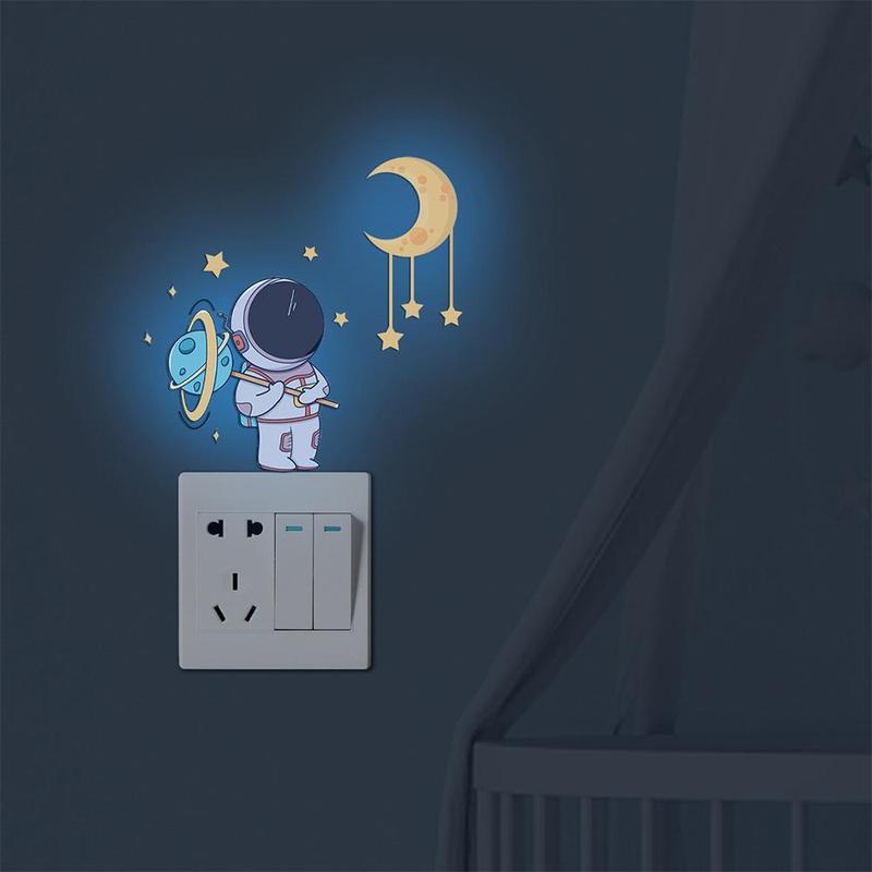 Luminous Sticker, 1 Count Glow in The Dark Astronaut Switch Sticker, Cartoon Moon Star Self Adhesive Wall Sticker, Decorative Wall Decal, Room Decor, Home Decor