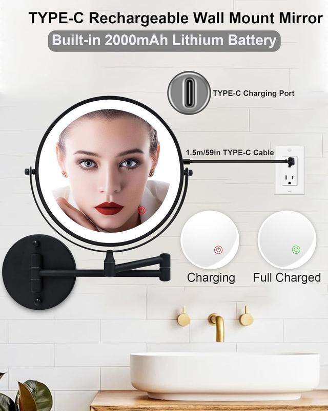 Rechargeable Lighted Wall Mounted Makeup Mirror 8 Inch Bathroom Mirror Double-Sided 1X 10X Magnification LED Vanity Mirror 3 Color Lighting Touch Screen 360 Swivel 13Inch Extendable