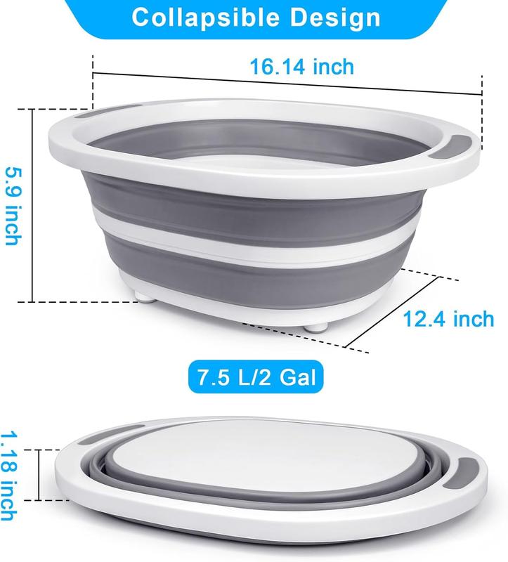 Folding Wash Basin, 7.5L Portable Dish Tub for Kitchen Sink, 2-in-1 Dishpan and Cutting Board, Ideal for Camping and BBQ Prep, Convenient Washing Bin for Cleaning Tasks