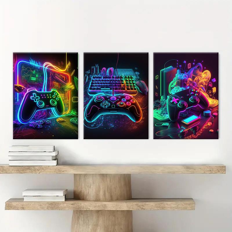 Modern Neon Gamepad Lightsaber Man Pattern Canvas Painting with Frame, 3 Counts set Modern Wall Art Painting, Wall Art Decor for Home Living Room Bedroom Office