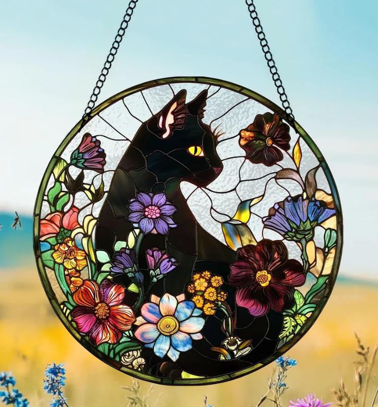 Cat Flower Glass Suncatcher, Black Cat Glass Art, Tabby Cat Window Hangings, Cat Lover Gift, Cat Wall Hanging, Gift for Cat Lovers