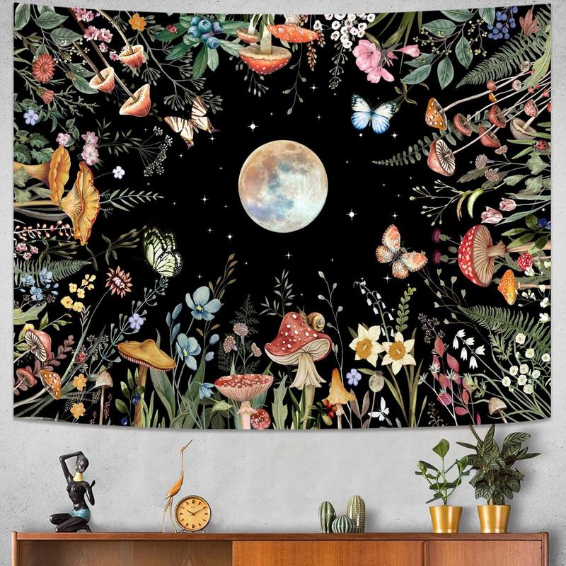 Moon Garden Tapestry Moonlit Green Plant Botanical Mushroom Flowers Tapestry Wall Hanging Black Nature Floral Butterfly Aesthetic Tapestries for Bedroom Dorm Living Room (48'' × 36'')