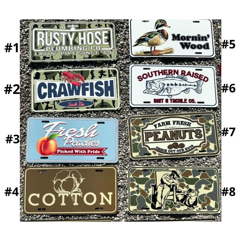 Crawfish, Mornin' wood, Peanuts, Cotton, Hank Vanity License Plates, Hunting Gift, Fishing, Farm life Aluminum Front License Plate Car Accessory