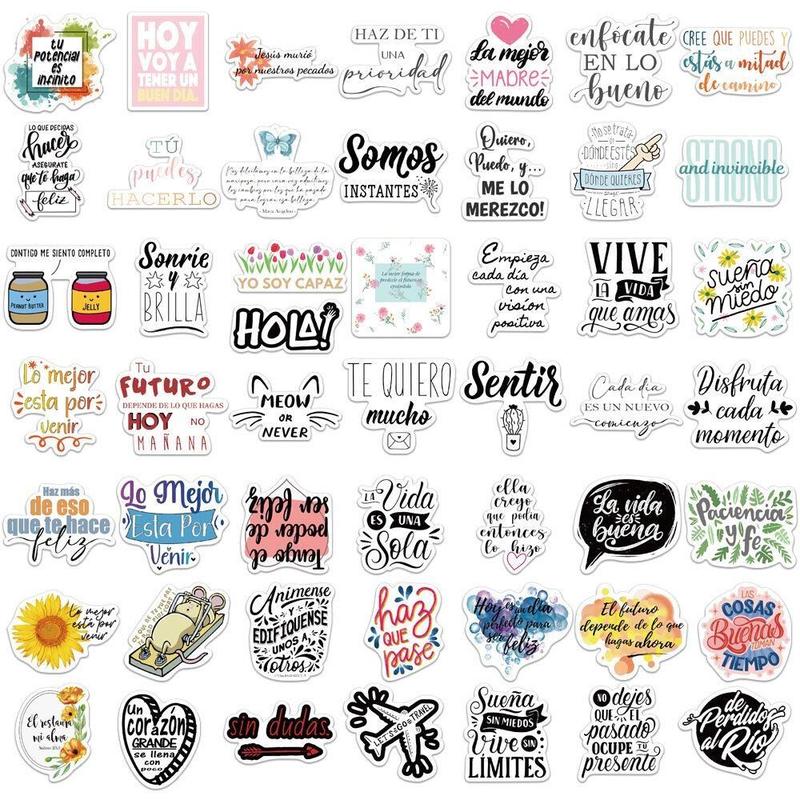 50 Sheets Set Spanish Motivation Series Sticker, Mixed Pattern Decorative Graffiti Sticker For DIY Craft Gift