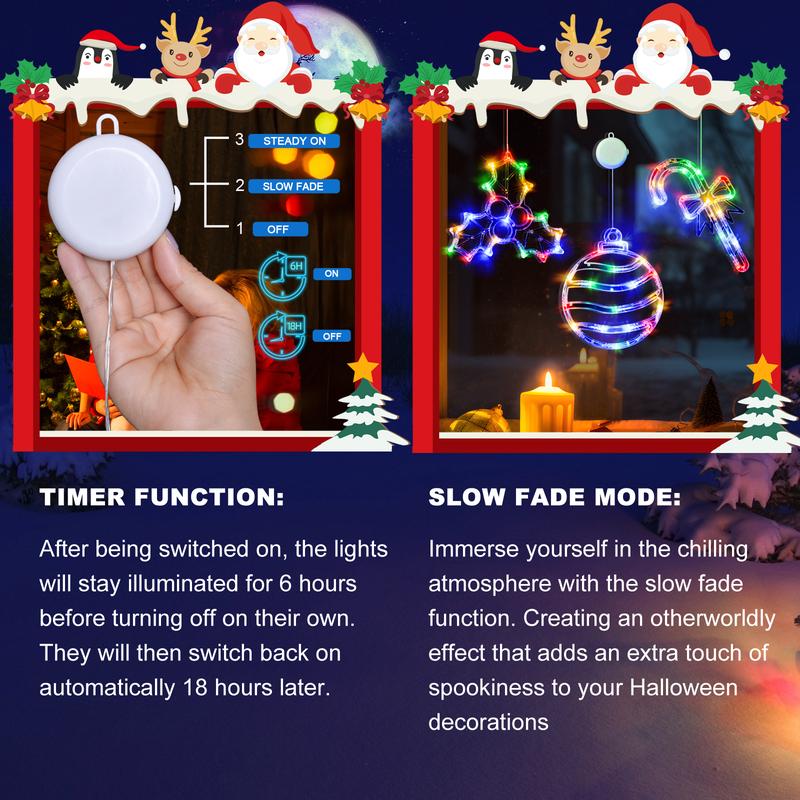 LOLStar Christmas Window Lights, 3 Pack Multicolor Christmas Ball, Holly Berry, CandyCane Lights With Suction Cup, Timer Function And Slow Fade Mode Battery OperatedLights For Christmas Decoration