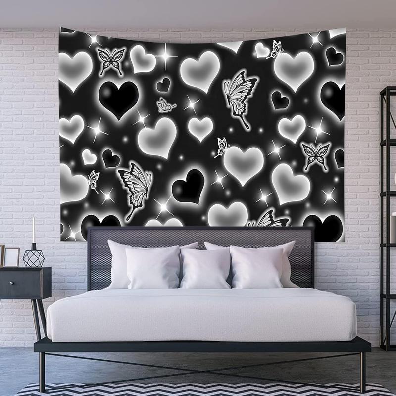 Cute Black and White Heart Tapestry Fantasy White Butterfly Aesthetic Tapestry Hippie 2000s Y2K Teen Girls Tapestries Wall Hanging for Women Bedroom Living Room Bedroom College Dorm