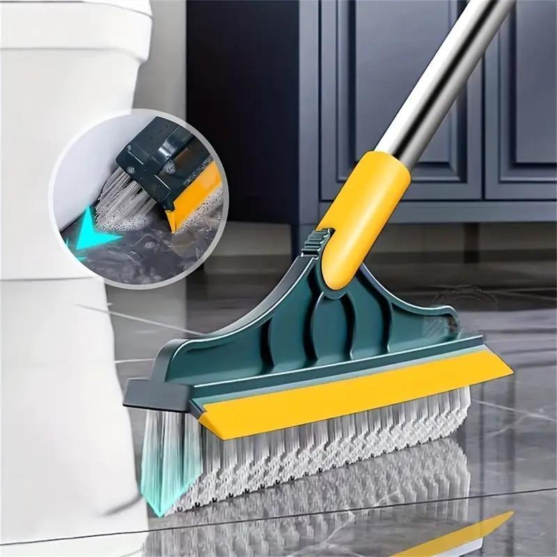 Floor Scrub Brush with Squeegee, 1 Count Multifunctional 2 In 1 Floor Brush Scrubber with Long Handle, Detachable Broom, Cleaning Gadgets for Home