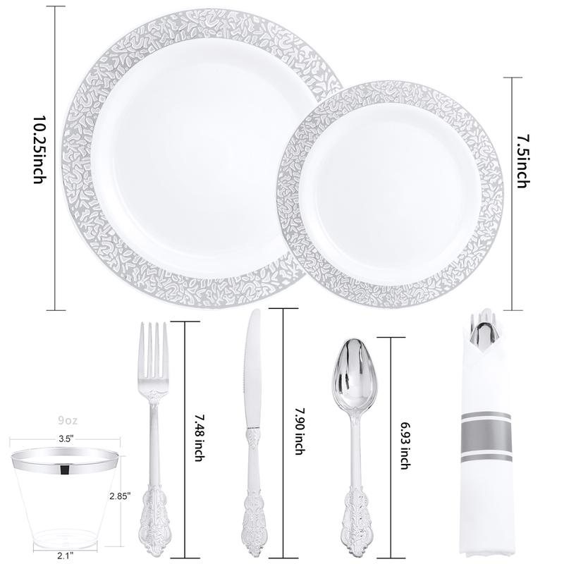 210PCS Silver Plastic Dinnerware Set Includes 30 Dinner Plates,30 Salad Plates,30 Cups 9 OZ,30 Pre Rolled Napkins with Cutlery