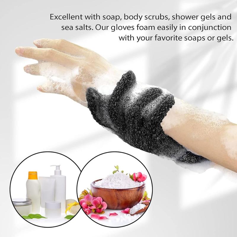 Exfoliating Dual Texture Bath Gloves for Shower, Spa, Massage and Body Scrubs, Dead Skin Cell Remover, Gloves with hanging loop-1 Pair Black Heavy Glove Accessories