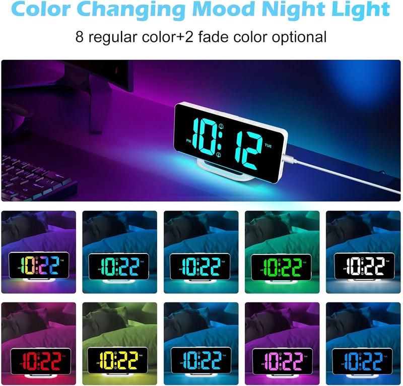 RGB Digital  Clock for Bedroom with Color Changing Night Lights, Dual Alarms with Snooze, Dimmer, Adjustable  Volume, Dual USB and Type-C  Ports, Electronics Clocks.