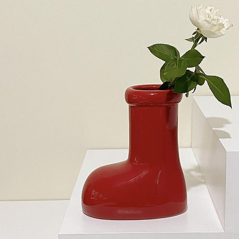 Creative Boots Design Ceramic Vase, 1 Count Red Boots Design Vase, Desktop Decoration for Home Living Room & Bedroom