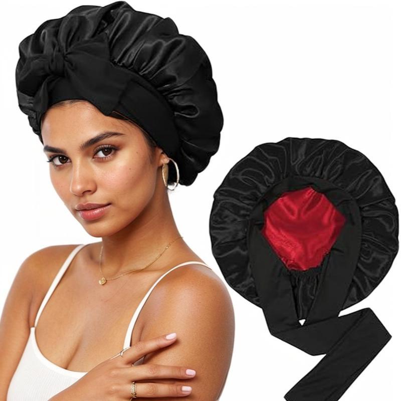 Silk Satin Hair Bonnet for Women - Night Sleep Cap with Scarf Wrap and Tie Band - Shower Cover Crochet