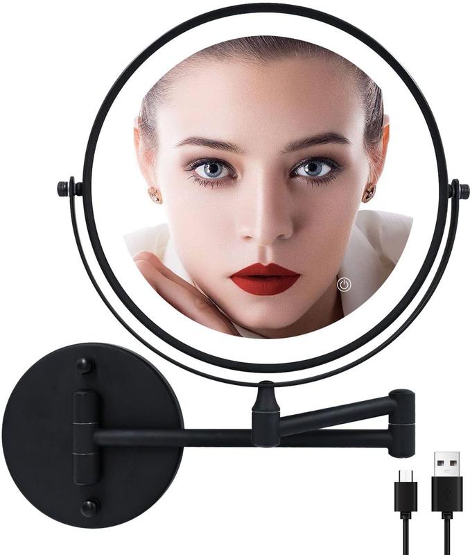 Rechargeable Lighted Wall Mounted Makeup Mirror 8 Inch Bathroom Mirror Double-Sided 1X 10X Magnification LED Vanity Mirror 3 Color Lighting Touch Screen 360 Swivel 13Inch Extendable