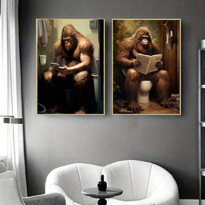 Sasquatch Reading Newspaper on Toilet Pattern Unframed Painting, 1 Count Modern Creative Wall Art Poster, Home Decor for Living Room Bedroom Office