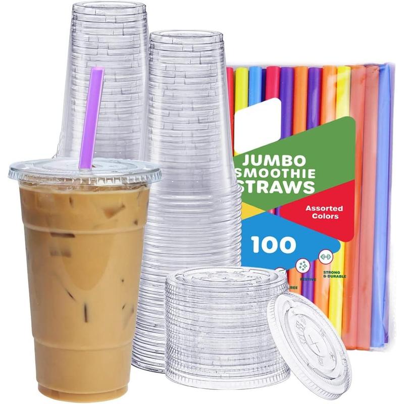 [24 oz. - 100 sets Clear Plastic Cups With Flat Lids & Straws - Disposable Clear Drinking Cups For Iced Coffee, Cold Drinks, Milkshakes, and Smoothies