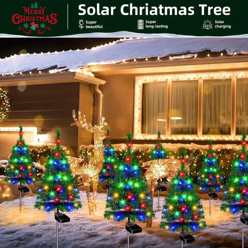 Solar Powered Christmas Tree Shaped Garden Light, 2 Counts Waterproof LED Decorative Light, Christmas Outdoor Light for Garden Lawn Yard