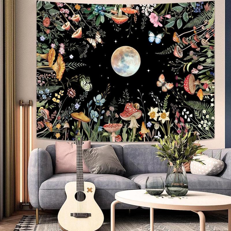 Moon Garden Tapestry Moonlit Green Plant Botanical Mushroom Flowers Tapestry Wall Hanging Black Nature Floral Butterfly Aesthetic Tapestries for Bedroom Dorm Living Room (48'' × 36'')