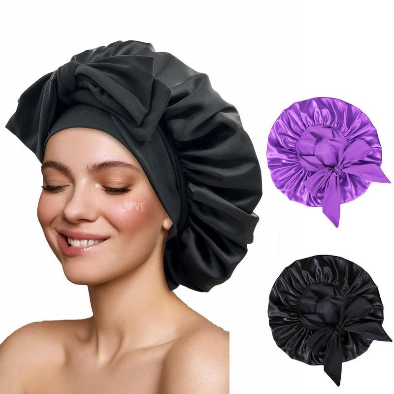 2Pcs Satin Bonnet Silk Bonnet Hair Bonnet for Sleeping Large Bonnets with Tie Band Hair Bonnets with Adjustable Straps .Women Curly Braid Hair Shower