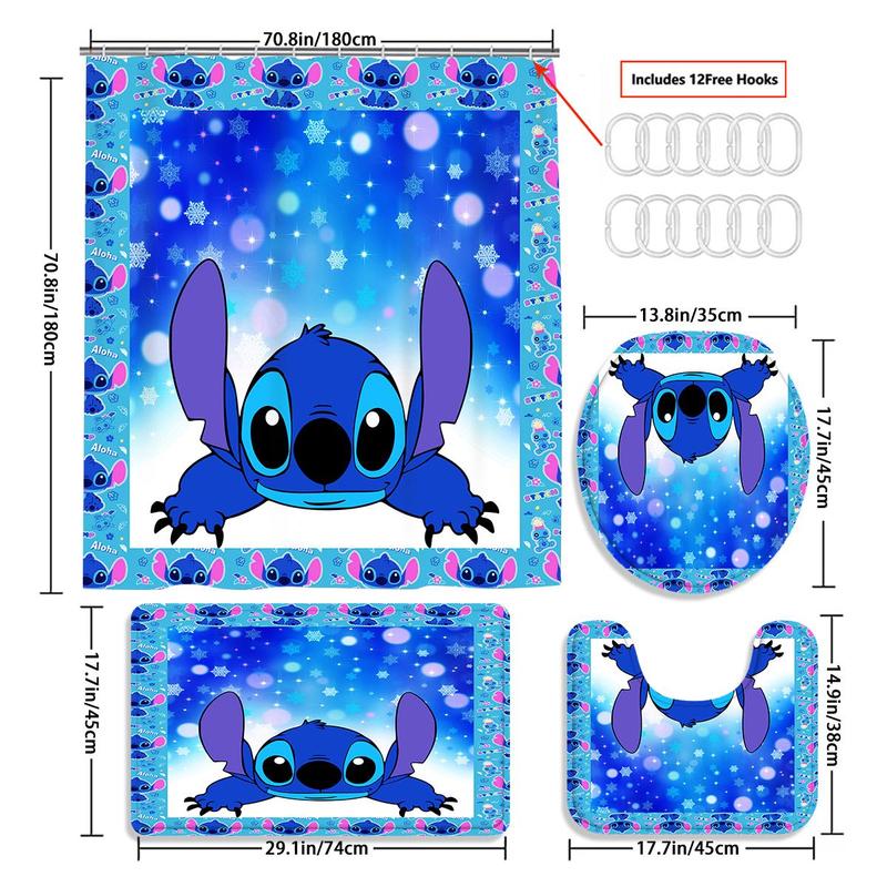 Cartoon Stitch Pattern Bathroom Curtain with 12 Hooks, 1 Count Waterproof Shower Curtain or 4 Counts set Curtain & Mat Set, Home Decor Supplies