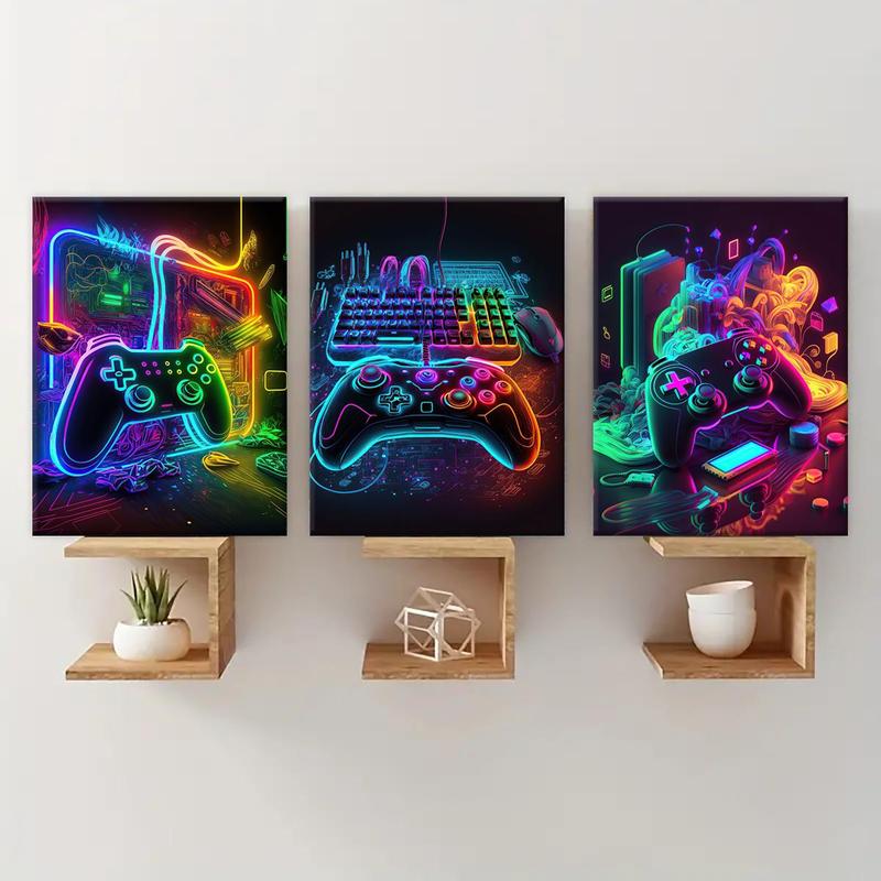 Modern Neon Gamepad Lightsaber Man Pattern Canvas Painting with Frame, 3 Counts set Modern Wall Art Painting, Wall Art Decor for Home Living Room Bedroom Office