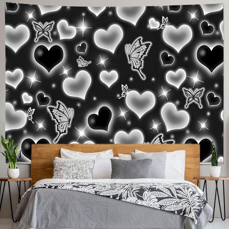 Cute Black and White Heart Tapestry Fantasy White Butterfly Aesthetic Tapestry Hippie 2000s Y2K Teen Girls Tapestries Wall Hanging for Women Bedroom Living Room Bedroom College Dorm