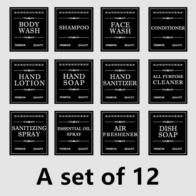 Soap & Shampoo Label, 12pcs set Waterproof Oil-proof Removable Bathroom Supplies Labels [without Soap Dispenser]