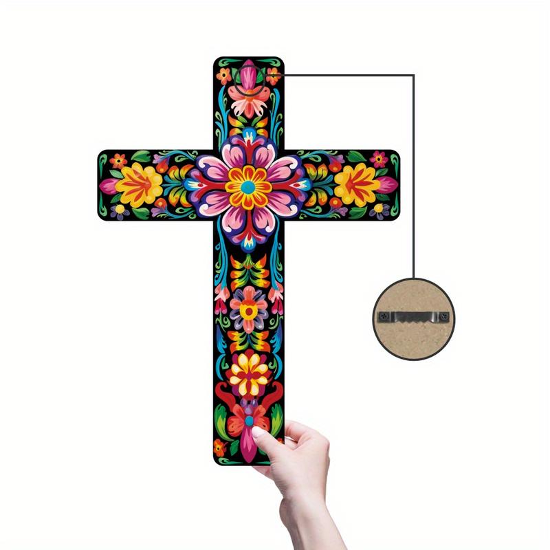 1Pc Mexican Style Decorative Design Cross Wooden Wall Art Decoration, Wooden Wall Mounted Cross Home Church Farmhouse, 15.9X11.8 Inches