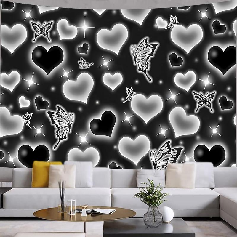 Cute Black and White Heart Tapestry Fantasy White Butterfly Aesthetic Tapestry Hippie 2000s Y2K Teen Girls Tapestries Wall Hanging for Women Bedroom Living Room Bedroom College Dorm