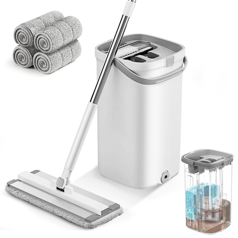 TIKAAATOK Flat Floor Mop and Bucket Set with Wringer, Sewage Separation, Clean Water, 4 6 Microfiber Pads - Efficient Cleaning for a Safer Environment