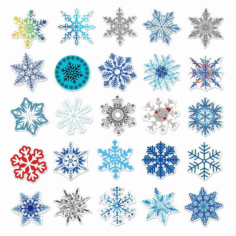 Christmas 50pcs Random Color Snowflake Pattern Stickers Set, Creative Waterproof Graffiti Stickers, DIY Decorative Stickers